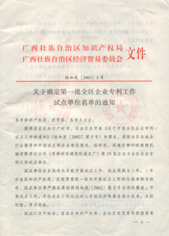 康兴被广西区经贸委、广西区知识产权局确定为＂广西专利工作试点企业＂